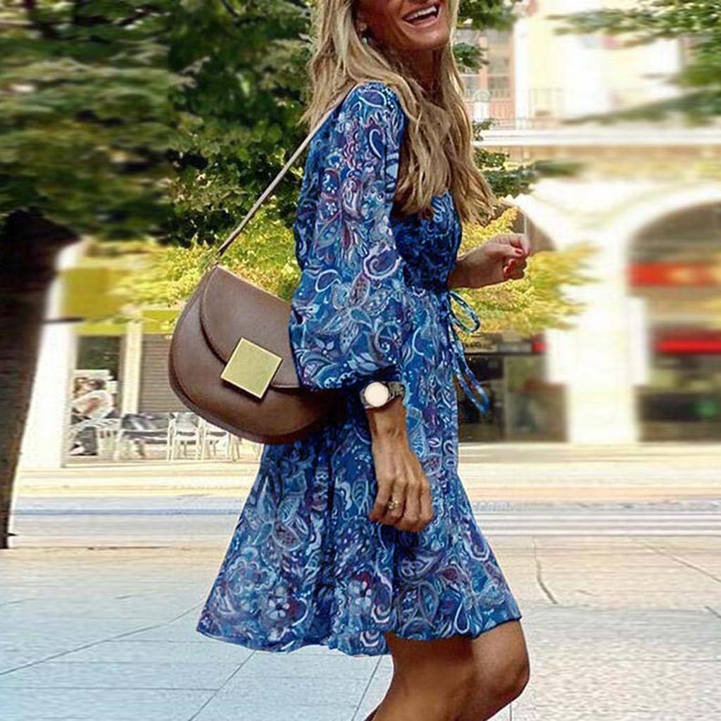 Women Mini Dress V Neck Mid Waist Colorful Floral Print Loose Three Quarter Sleeves Split Hem Above Knee Length Female Dating Party Dress