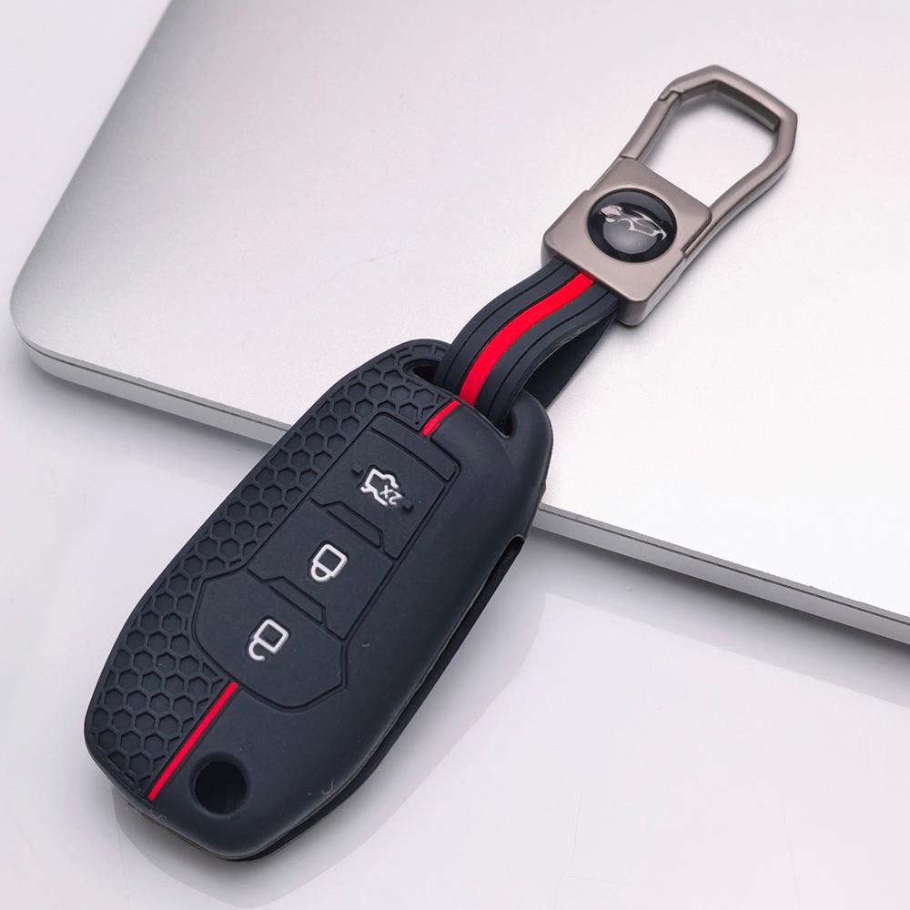 Silikon-Schlüsselhülle Schlüsselanhänger für Ford 3-Tasten Klappschlüssel, Passend für Ford Focus Mondeo Fiesta Ranger Escape Transit Tourneo Everest, Stoßfester Schlüsselanhänger-Halter