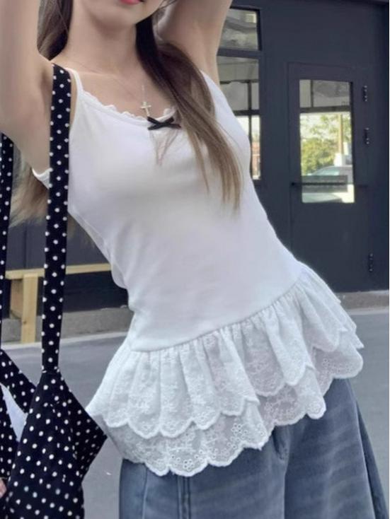 White Dopamine Bow Lace Camisole - Sweet & Spicy Slimming Top for Women