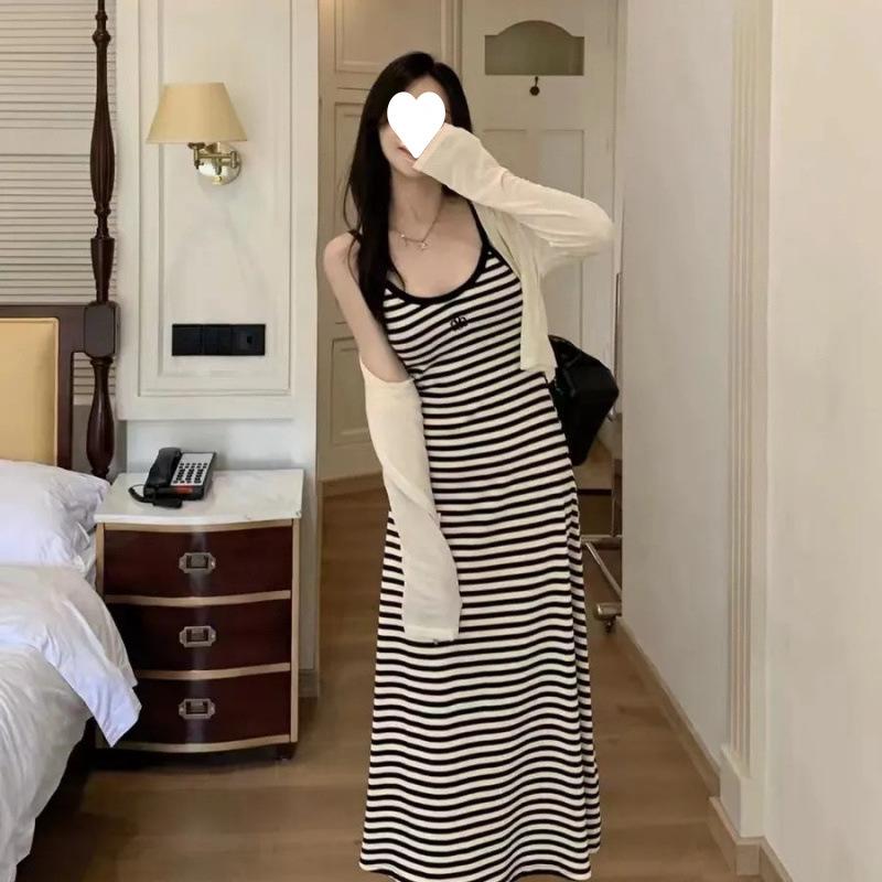 Summer New Striped A-shaped Suspender Dress Women's Korean Casual Versatile Slim Waist and Thin Dress