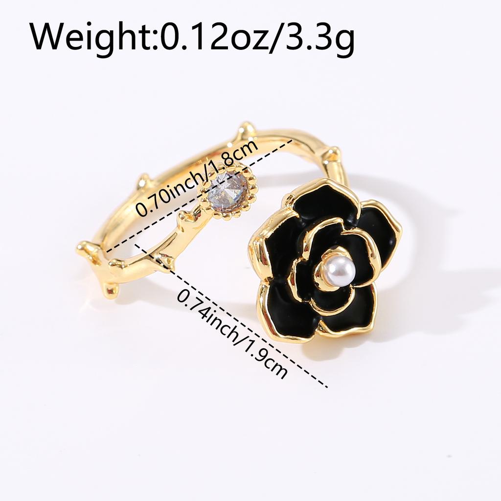 1Pcs Golden White Floral Open Ring Copper Alloy Simulated Pearl Zircon Elegant Women Fashion Finger Jewelry Gift