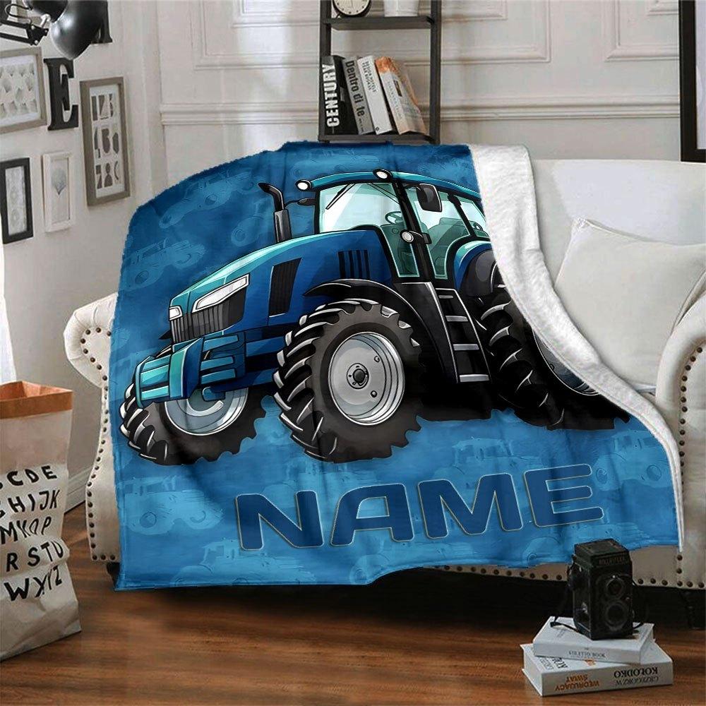 Blue Tractor Design With Large Wheels And A Personalized Space On A Patterned Background Lightweight Personalized Blanket Personalized Name Ultrasoft
