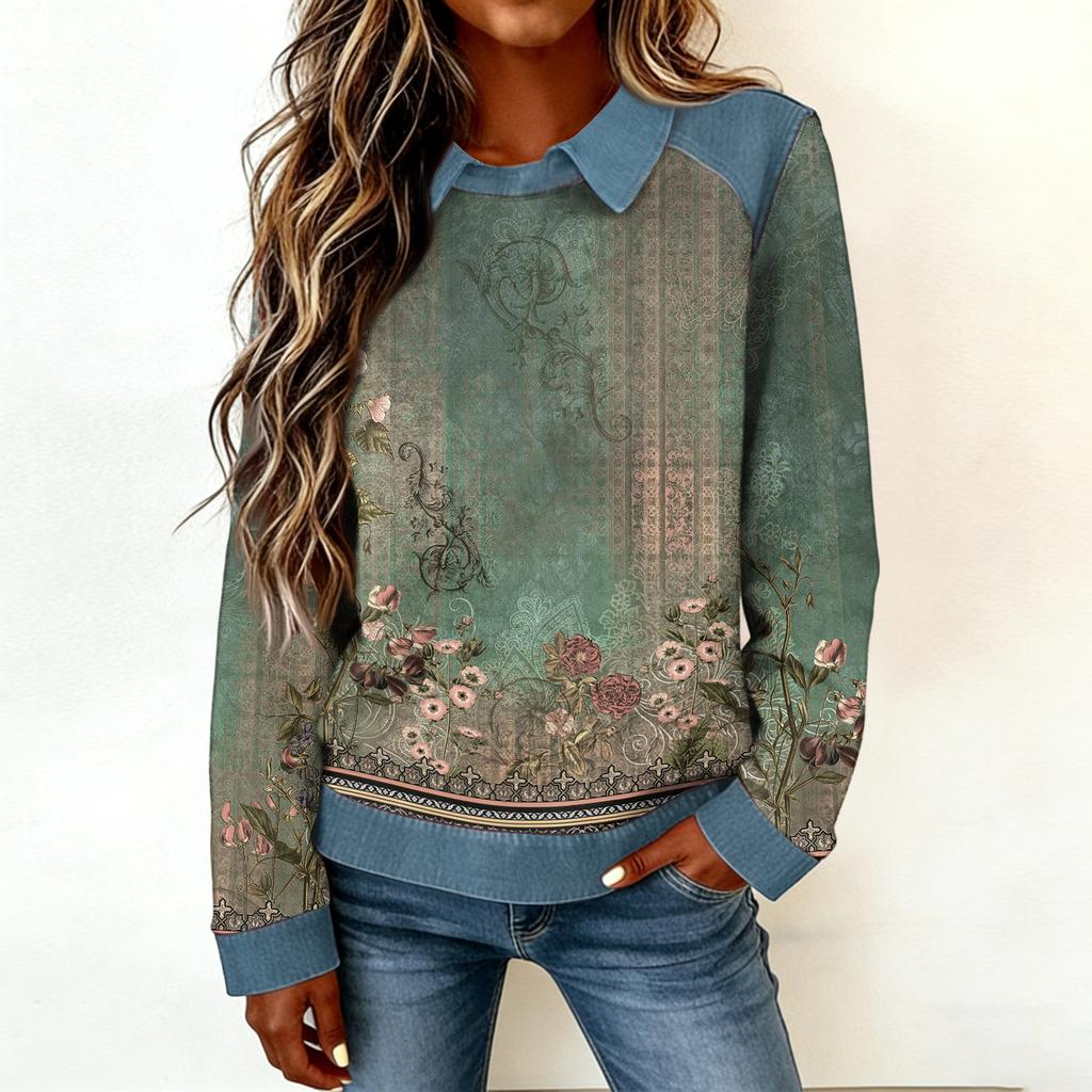 Dammode Utsvängd Långärmad Denim Patchwork Sweatshirt Tryckt Avslappnad Pullovertopp