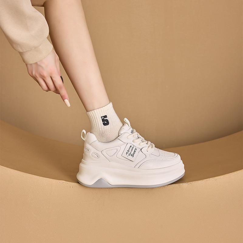 3233 Small Size Leather Casual Shoes Women's Platform White Shoes Women's Lace-up Color Matching Dad Shoes Inner Height Increase Women's Shoes