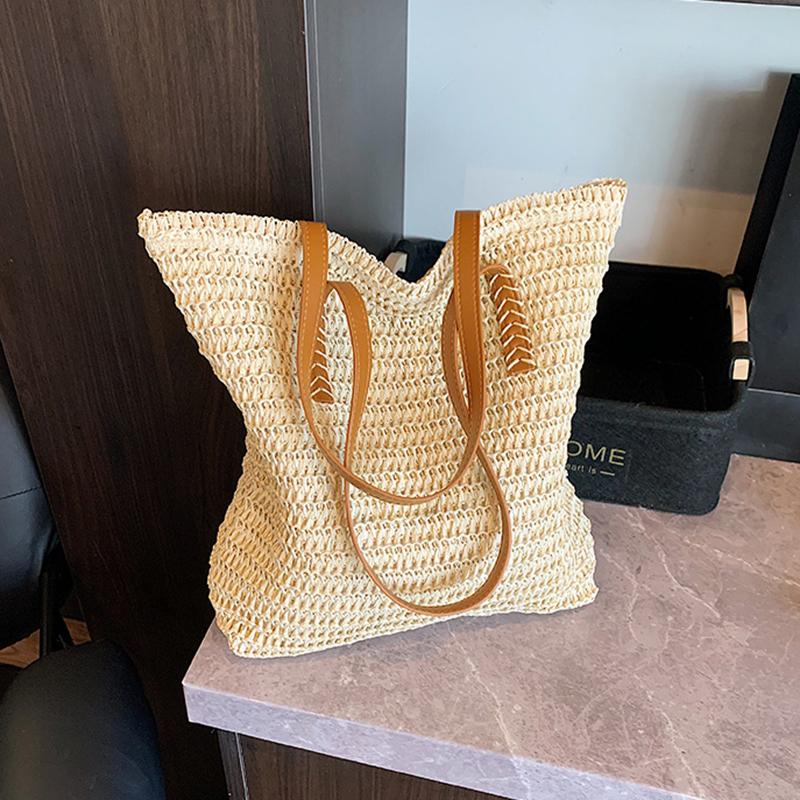 Women Top-Handle Bags Straw Summer Beach Straw Bucket Bag Woven Tote Purse Casual Travel Handbags for Women