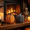 Thanksgiving Festive Table Decor Faux Rattan Resin Pumpkin Figurine, Vintage Distressed Orange Black Farmhouse Tabletop Fall Seasonal Window