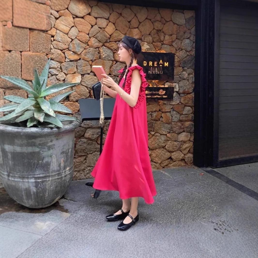 

Женское летнее платье миди с квадратным вырезом в французском стиле, приталенное, с оборками Small розы красного