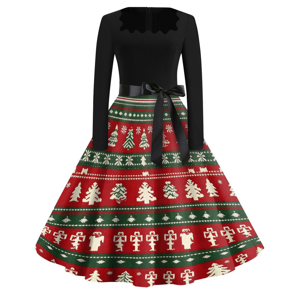 Women's Casual Christmas Print Square Neck Vintage Dress for Holiday Party and Everyday Wear