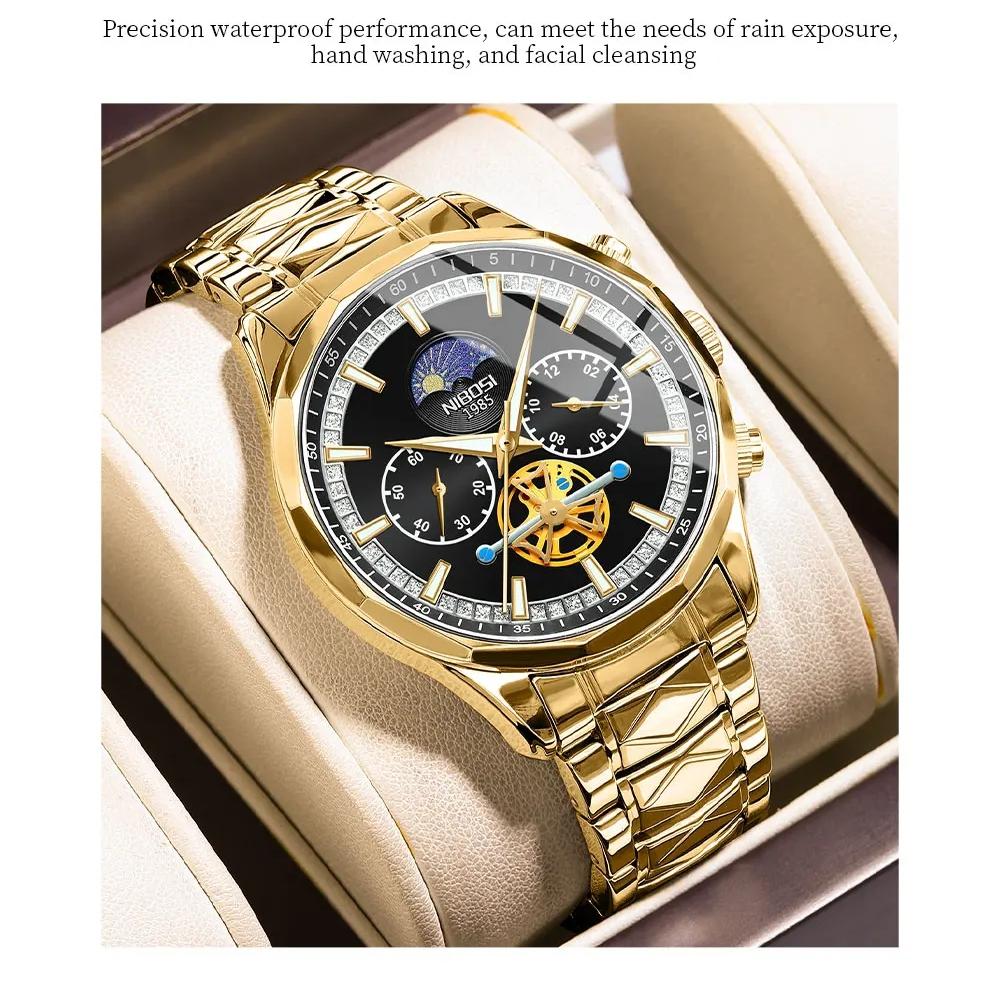 NIBOSI Star Moon Phase Watches Men Top Brand Luxury Automatic Watch for Men Luminous Waterproof Stainless Steel Quartz Clock