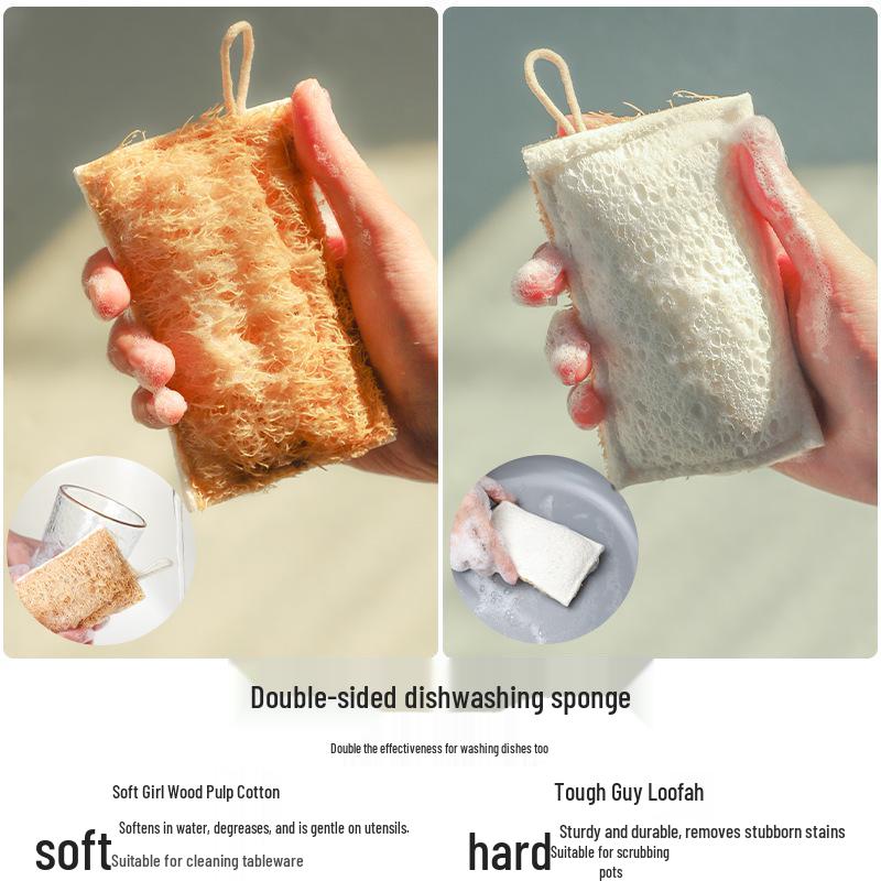 Double-Sided Natural Loofah & Cotton Dishwashing Cloth - Absorbent & Oil-Repellent Cleaning Pad