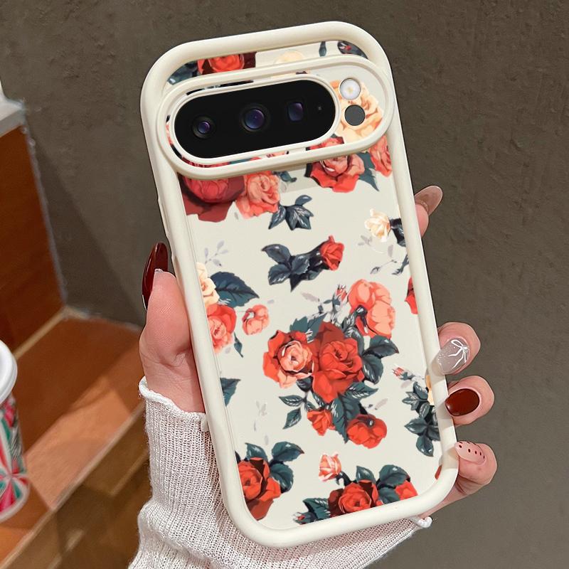 Rose Flower Pattern Plain Color Soft Silicone Phone Case for Google Pixel 9 8 Pro Xl 8a Shockproof Matte Lens Protection Anti-Fall Cover
