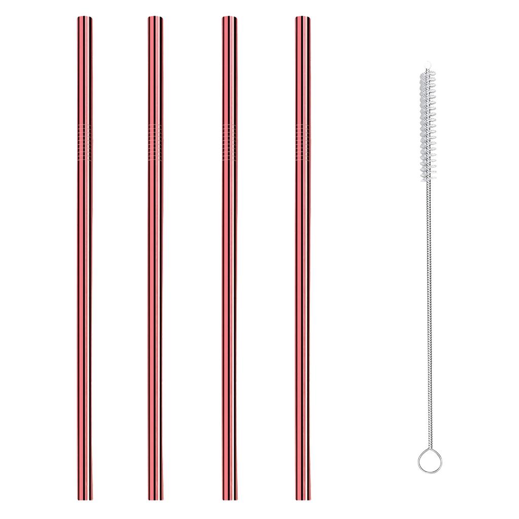 4 Straight Reusable Drinking Straws Metal Stainless Steel Eco-Friendly 10.5in, With 1 Cleaning Brush