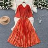 European and American Pleated Dress Women's Summer High-end Light Luxury V-neck Bat Sleeve Waist Metal Pleated Long Dress