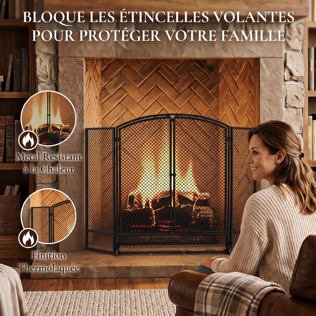 Folding Fireplace Screen, 3 Panels, 2 Doors, 122 x 10 x 75 cm, Black
