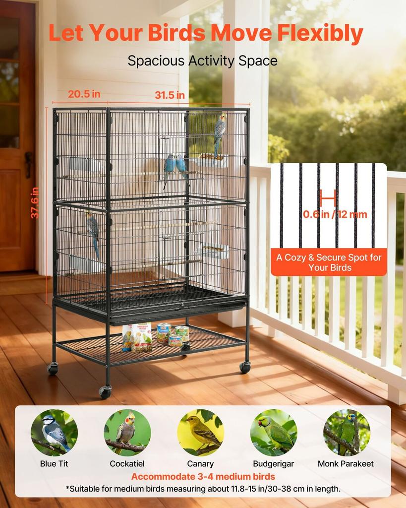 Bird Cage, 800 x 520 x 1320mm, Flat Top, Wrought Iron Bird Flight Cage with Perches, Slide-Out Tray and Plastic Feeders, Casters, for Parrot, Blue