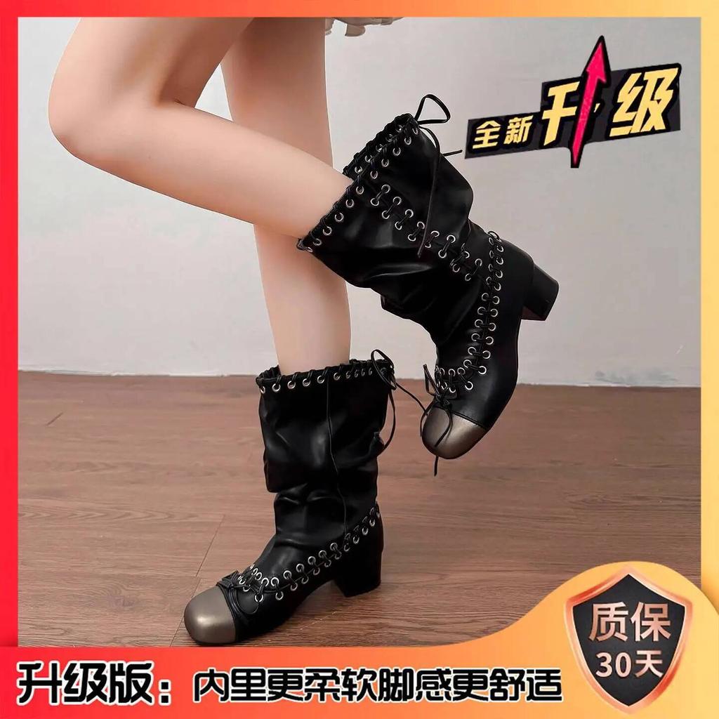 Women Boots Autumn Winter New Push Boots for Women Strappy Martin Boots Chunky Heel Mid Calf Short Boots Stylish Biker