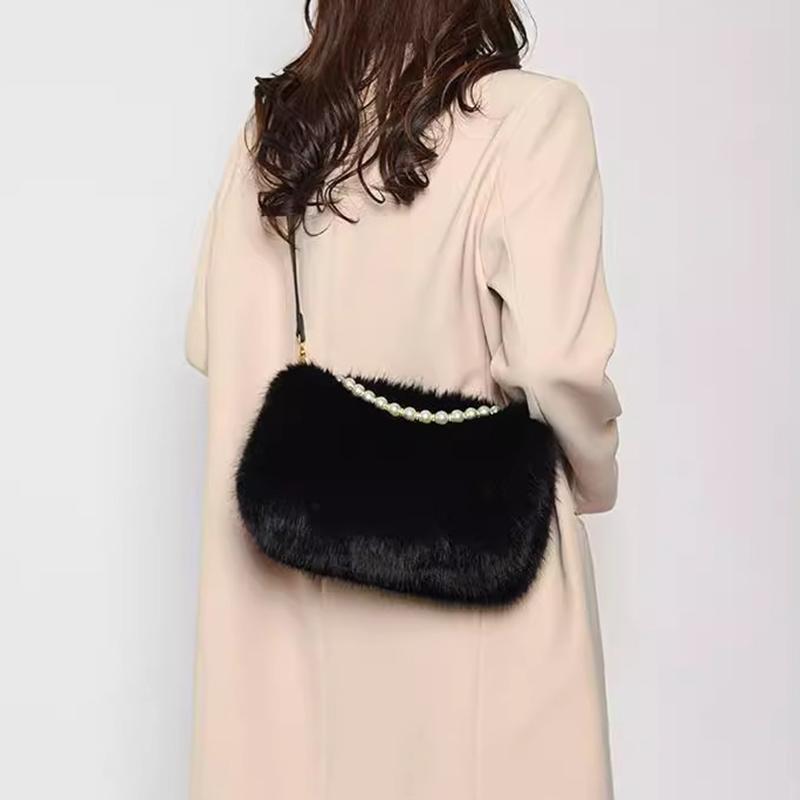 Yogodlns Winter Fashion Women's Faux Fur Shoulder Bags Candy Color Pearl Handle Crossbody Bag Small Fluffy Female Pillow Handbags