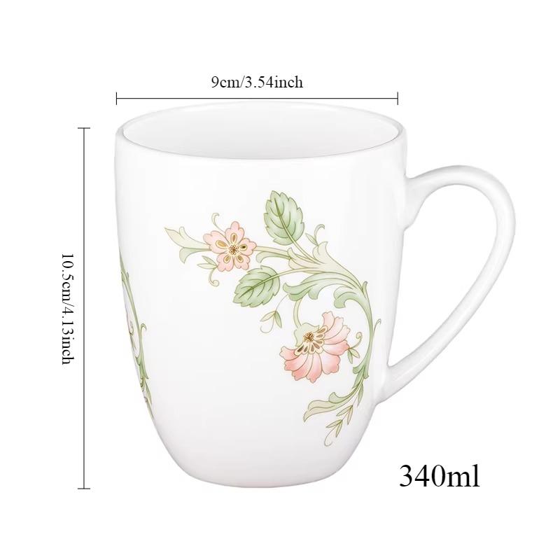 Floral Pattern Fine Bone China Mug, White Porcelain Coffee Mug with Handle, Safe for Microwave Oven, 1pc