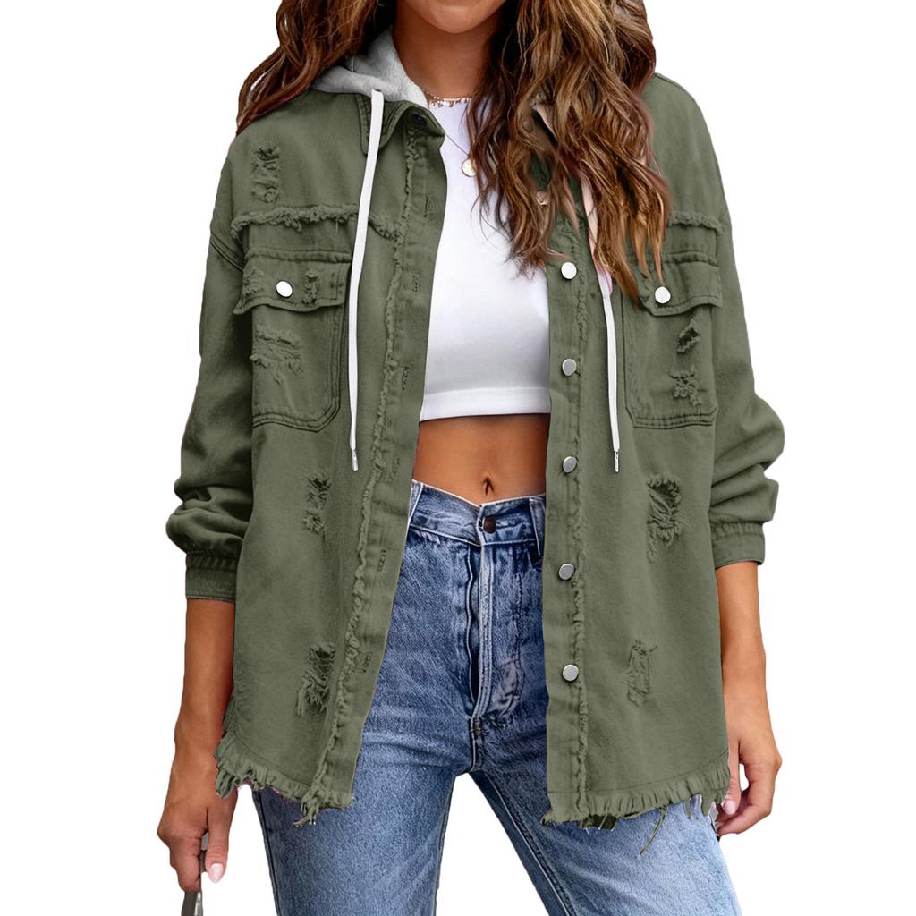 Women's Fashionable Casual Loose,fitting Distressed Patchwork Mid,length Denim Jacket