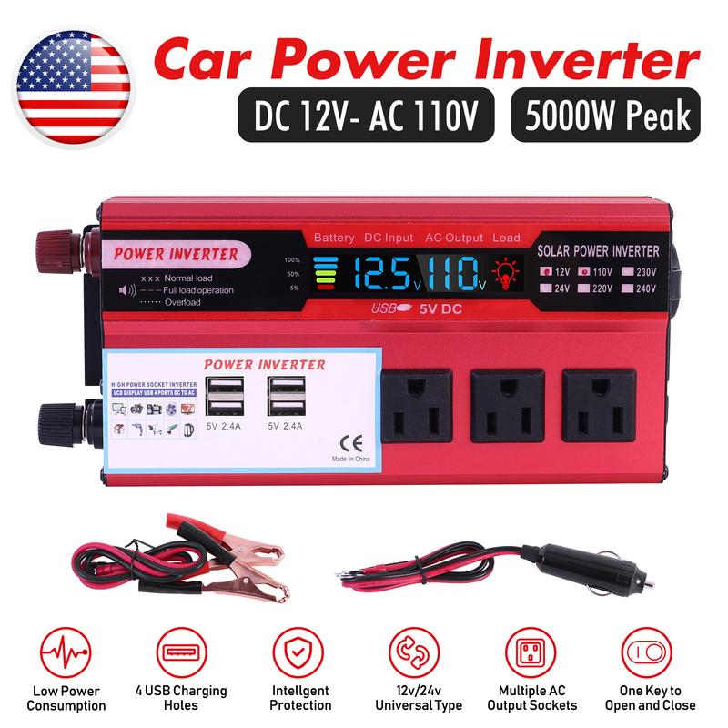 5000W Car Power Inverter Pure Sine Wave DC 12V To AC 110V Converter LCD Screen Display Portable Household