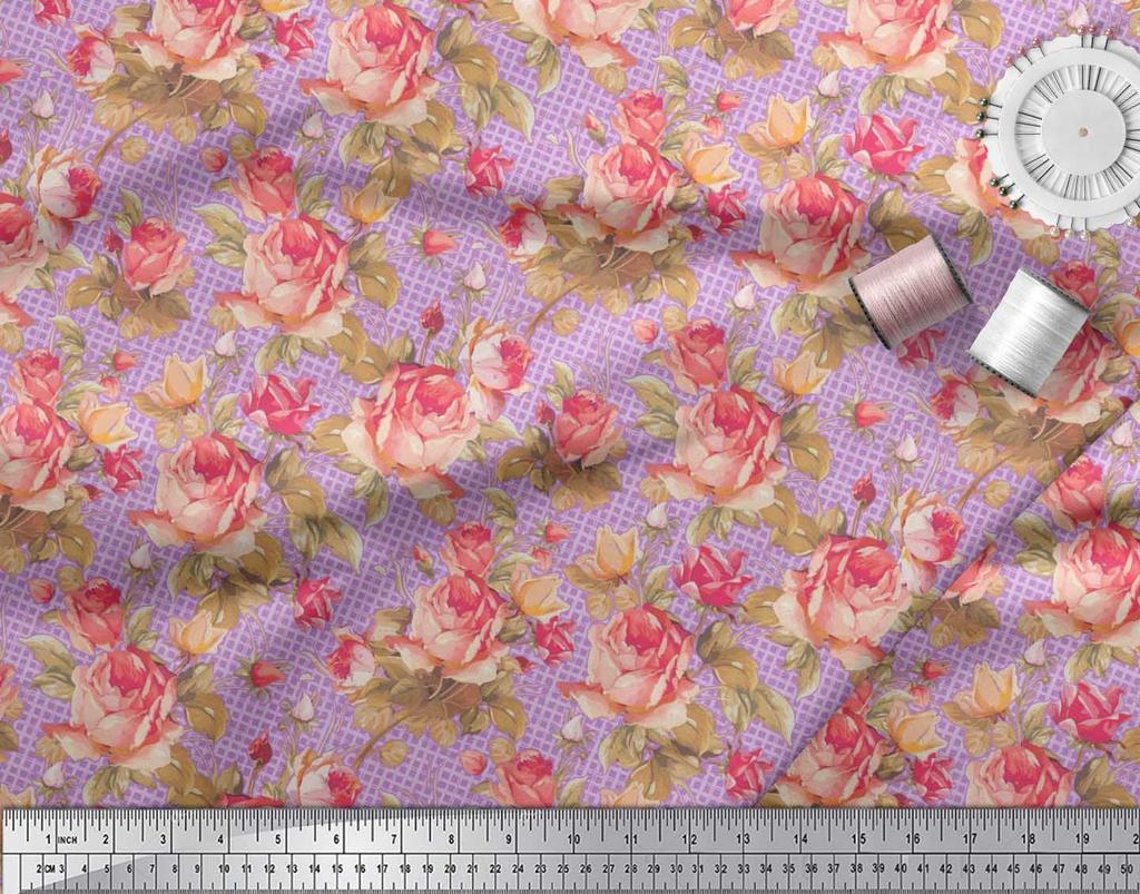 Soimoi Japan Crepe Satin Stoff Sjekk, Blader & Rose Blomstertrykk Sy Stoff meter 42 tommer