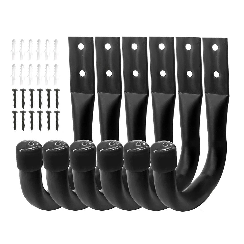 Black 9PCS Iron Wall Hooks For Garage Ladder Storage Tools Bikes Garden Hoses Heavy Duty Rust Resistant Design