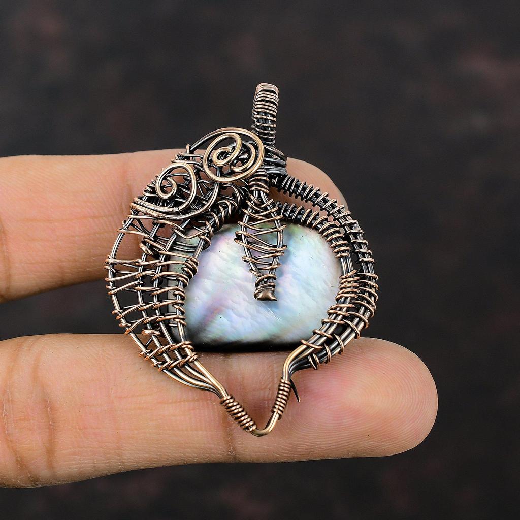 Black Mother Of Pearl Gemstone Pendant Copper Wire Wrapped Pendant Handmade Pendant Copper Jewelry For Gift Decent Pendant Wire Wrap Jewelry