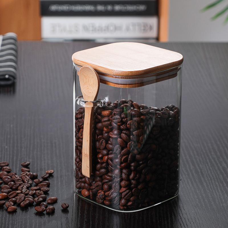 Square transparent glass sealed jar with wooden spoon seasoning box food storage tank coffee bean storage tank tea jar