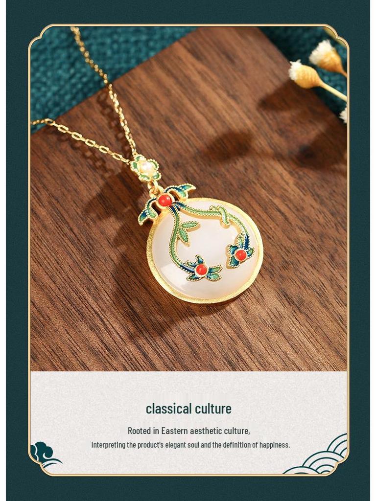 Airyuan Retro Clavicle Chain Enamel Pendant Necklace with Imitation Hetian Jade - Qipao Style Mom Birthday Gift