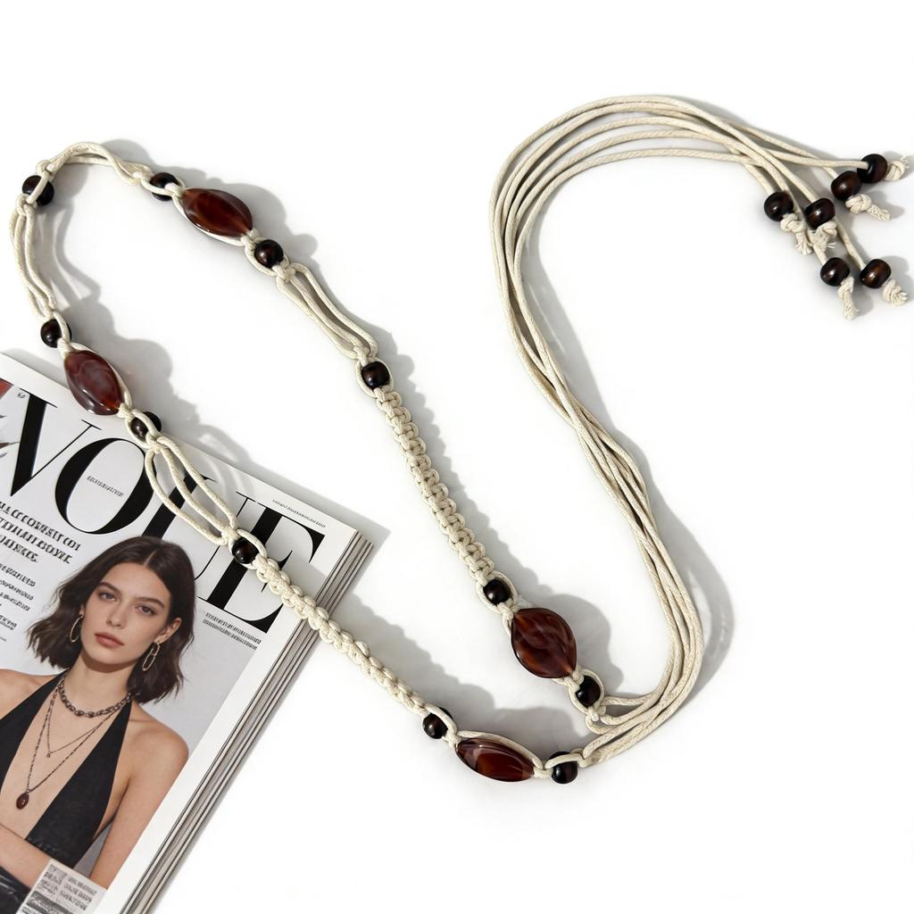 Bohemian Ethnic Handmade Woven Wax Cord Belt for Women: Decorative Waist Accessory for Dresses and Vacation Style.