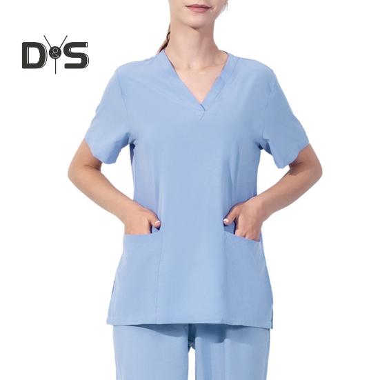 

V-образный вырез с коротким рукавом операционная форма топы карманы боковые разрезы больничные рабочие топы медсестры стоматологическая хирургия рабочая одежда XL небесно-голубой