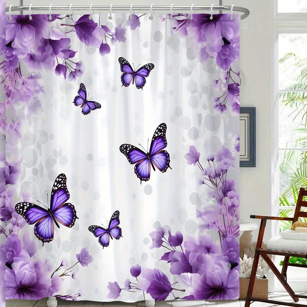 Lavender Flowers And Butterflies Shower Curtain Washable Dirt-Resistant Shower Head Waterproof Polyester Bath Curtain