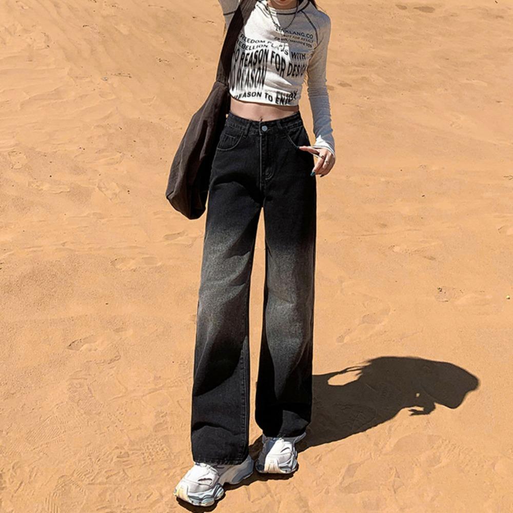 Commuter Simple Wide-leg Jeans Women's Spring and Autumn Models New High Waist Loose American Style Gradual Change Straight Jeans