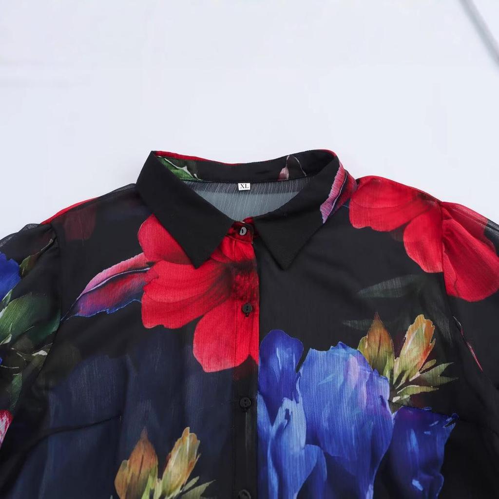 2025 Spring Women's Plus Size Chiffon Print Long Sleeve Shirt - European & American Fashion