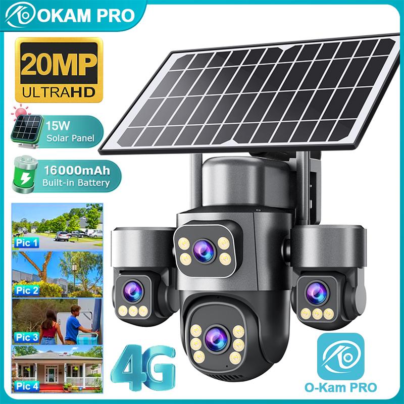 

OKAM PRO AOV Solar Camera HD 20MP Quad-Lens 4G Outdoor Camera 16000mAh Battery 24/7 Recording AI Tracking CCTV Night Vision camera