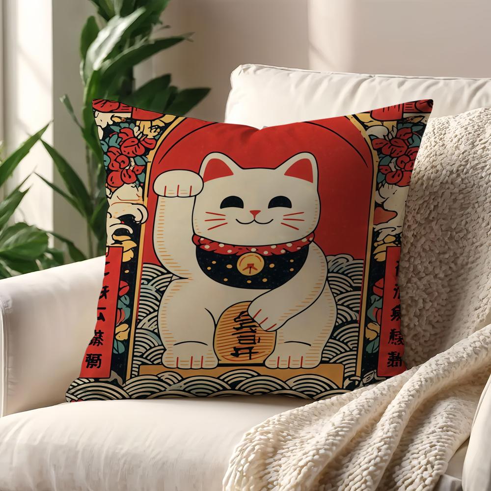 Lucky Cat M-Maneki Neko Cushion Cover For Pillow Printing Sofa Decoration Home Car Room Coffee Shop Office Nordic Simplicity
