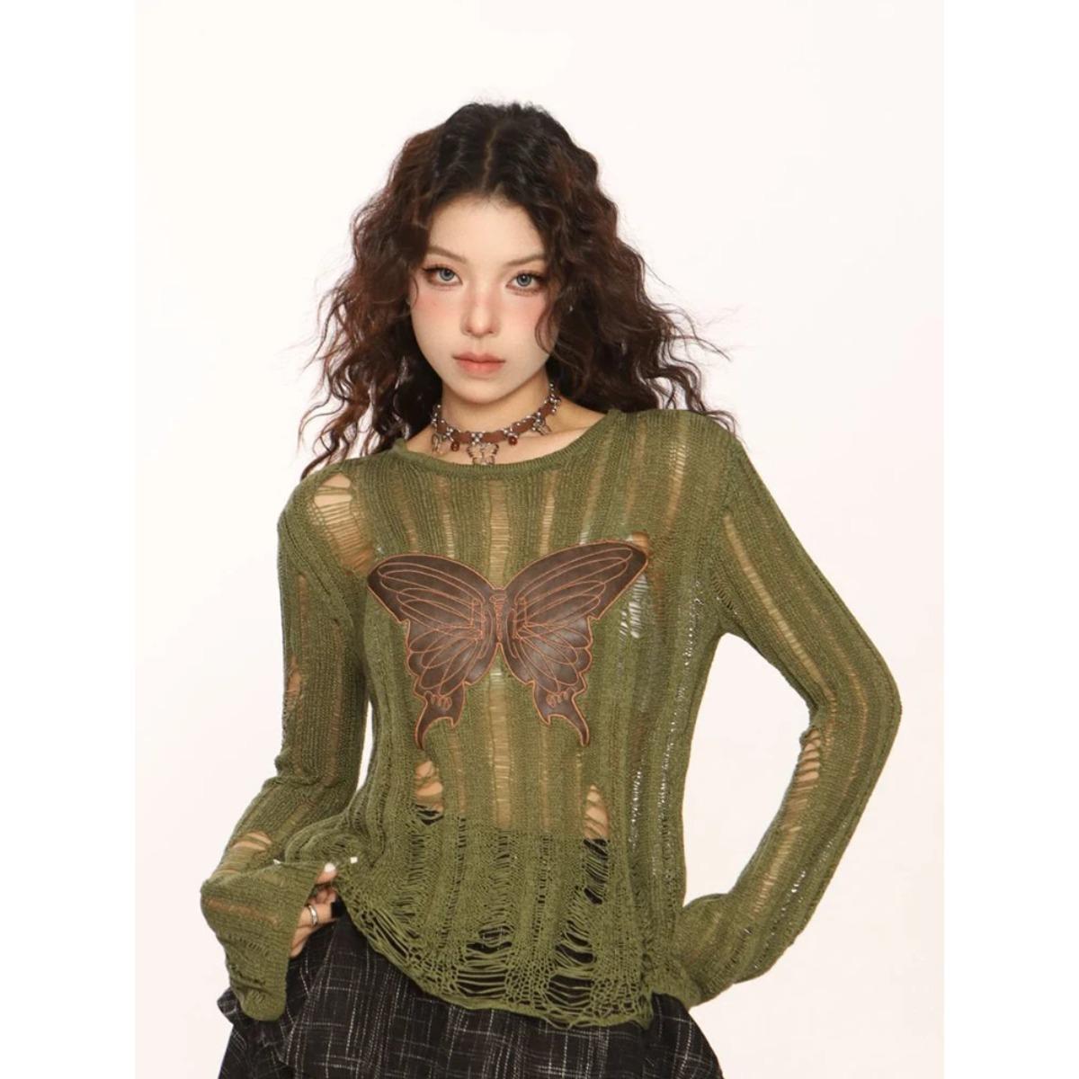 

2KWEIRD Y2K Женские свитера Уличная одежда Винтажный С бабочкой Длинный рукав Приталенный Вязаный джемпер Американский Харадзюку Женские Топы с круглым вырезом L зелёный