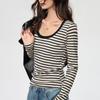 Women Striped Colorblock Round Neck Long Sleeve Cotton Bottoming T Shirt Top