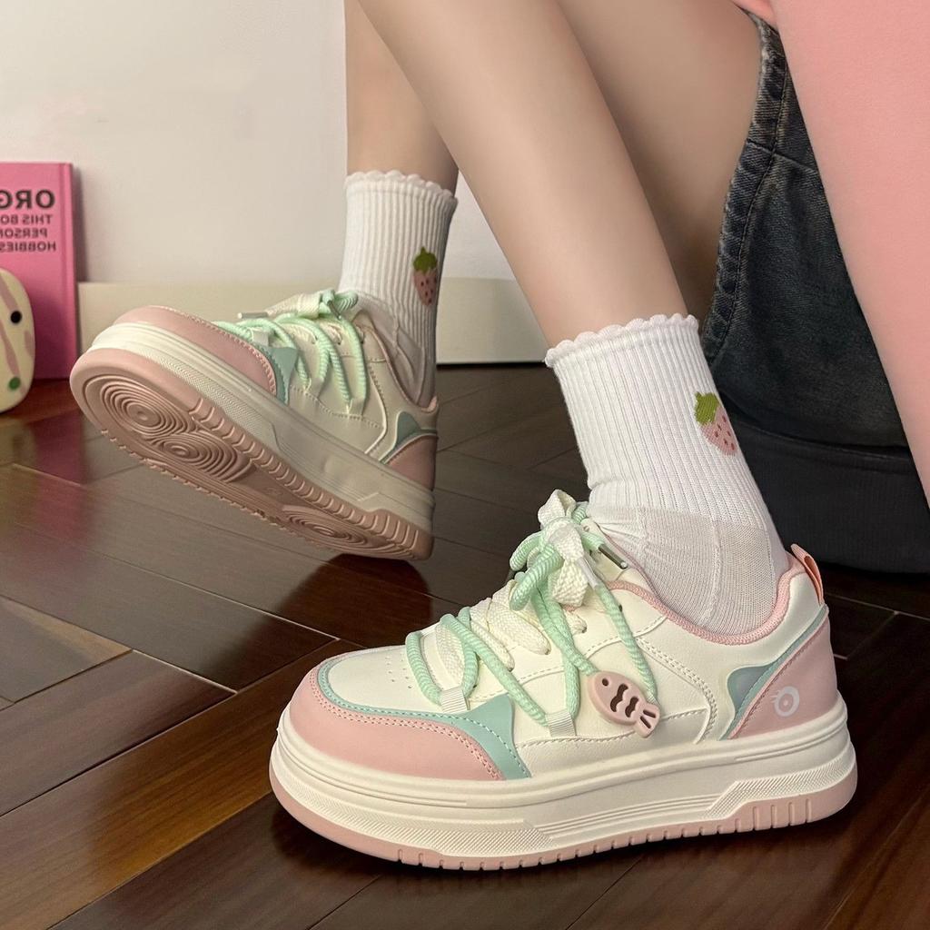 Cherry blossom powder board shoes women's shoes spring and autumn 2025 new explosive cat eats fish high value super soft thick sole white shoes