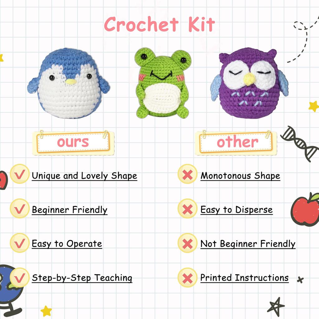 Tefola Crochet Kit, 3-Piece Stuffed Animal Set (Frog, Owl, Penguin), DIY Craft Set for Beginners, with Tutorial (#1)