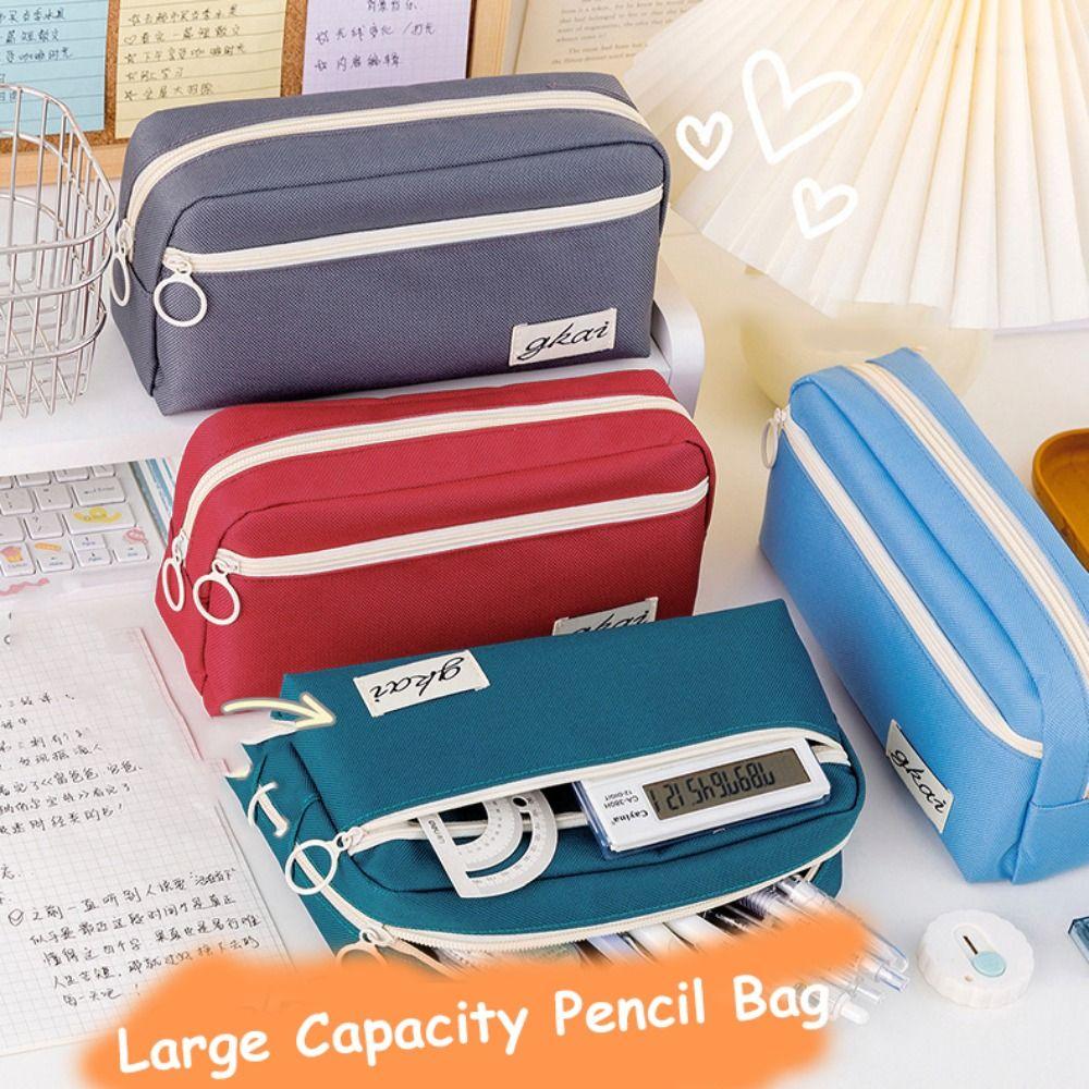 

Storage Bag Canvas Pencil Bag Large Capacity Zipper Stationery Bag Solid Color Pencil Case Lady серый