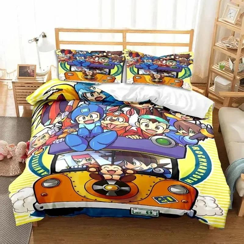 Rockman Megaman Game Cartoon Bedding Set Printed With Pillowcase Bed Duvet Cover Soft Queen King Size Bedclothes Home Boys Gift