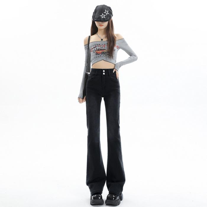 Fleece Slightly Pulled Jeans, Thickened Fleece Double-buckle Elastic High-waisted Belly and Thin Denim Flared Pants