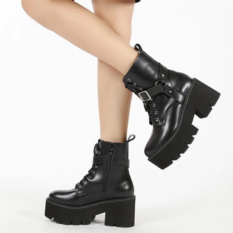 Fashion Dark Fashion Rivets Boots Women Vintage Gothic Girls Platform Shoes Sexy Chain Wedge Thick Bottom Dance Boots Plus Size