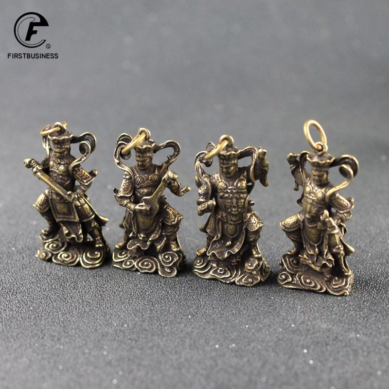 Vintage Copper Four Law Enforcement God Buddha Statue Keychains Pendants Small Ornaments Lucky Home Decor Desktop Decorations