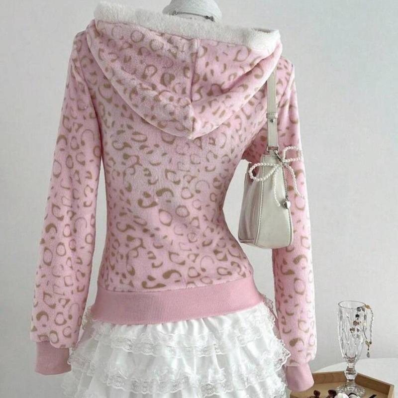 TrendHub Y2k Oblečení Mikiny Dámské Topy Leopard Podzim Zima Retro Mikiny Japonský Styl S Kapucí Sudaderas Mujer