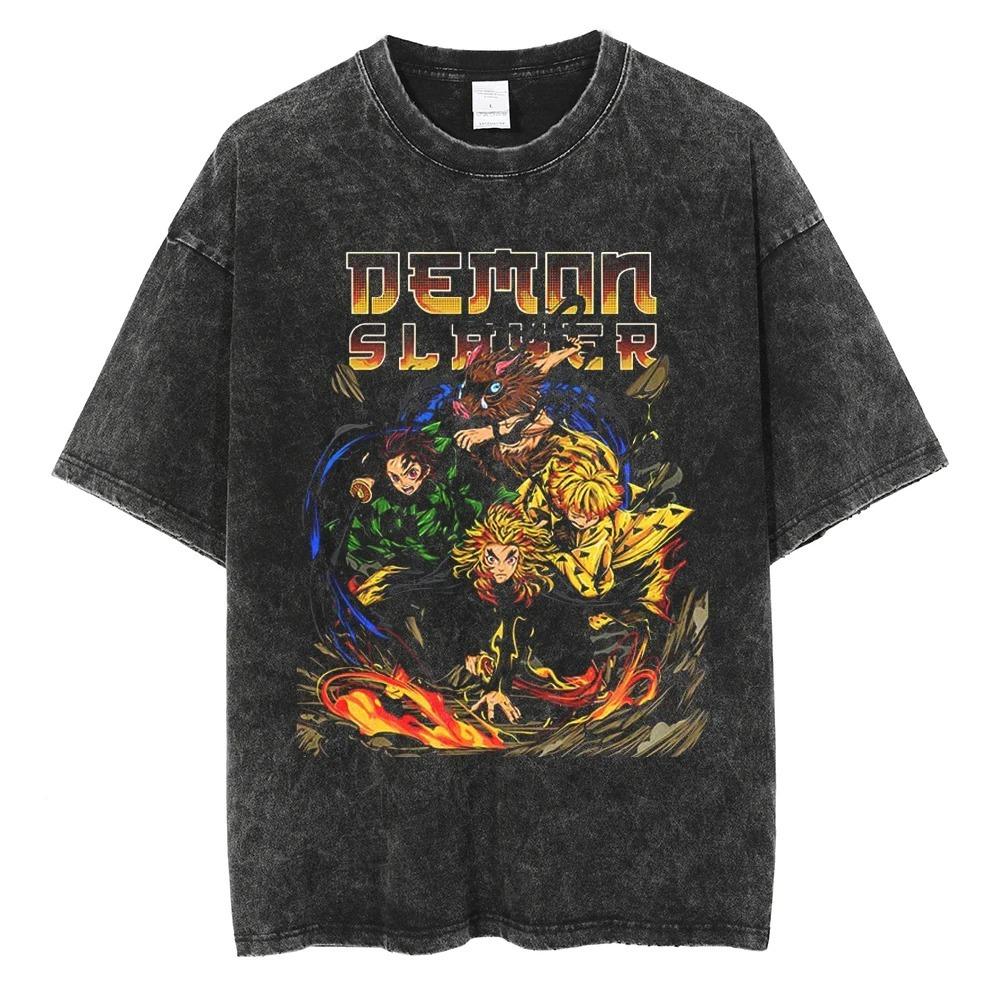 Demon Slayer Tanjiro & Nezuko Vintage Washed Graphic T-Shirt, "Kimetsu no Yaiba" Anime Streetwear Oversized Tee, Unisex Casual Top