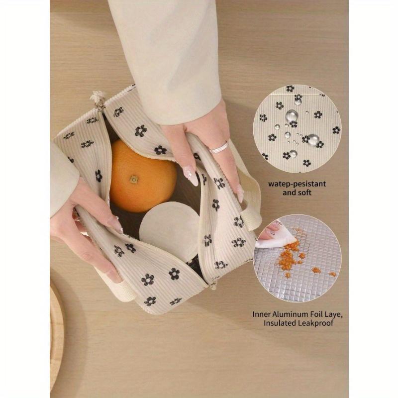 1PC Corduroy Lunch Bag Large Capacity Insulated Soft Reusable Portable with Handle Zipper Insulated Lunch Box Bag for School Picnic Bento Box