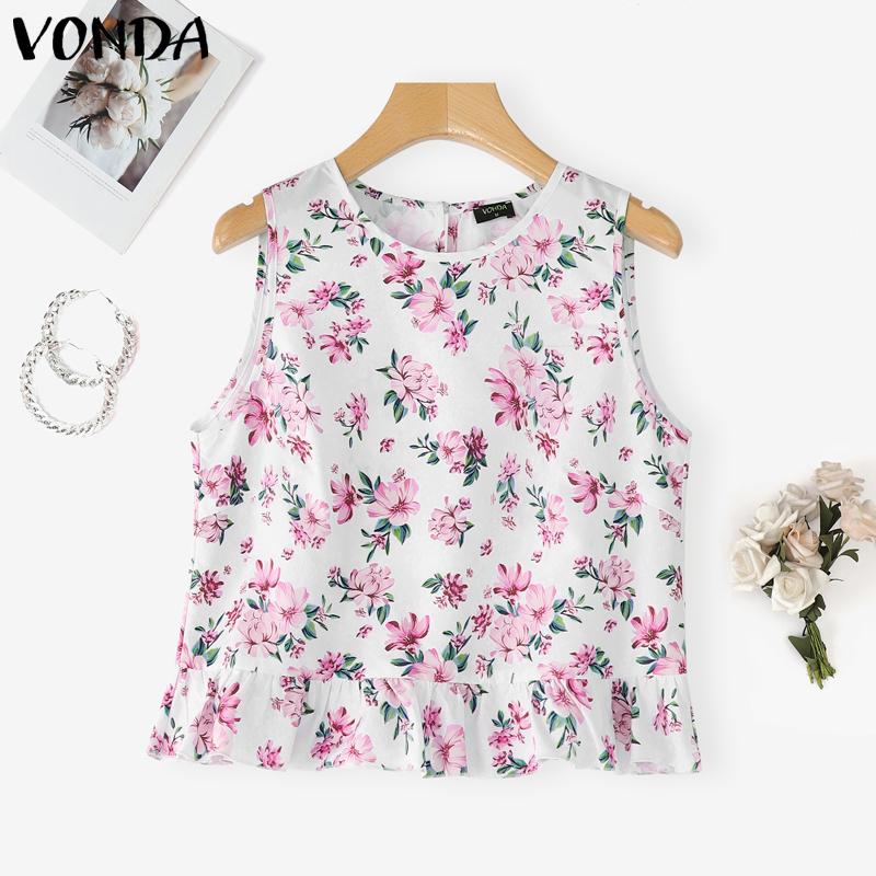 VONDA Summer Women Sleeveless Vest Pleating Casual Tank Tops