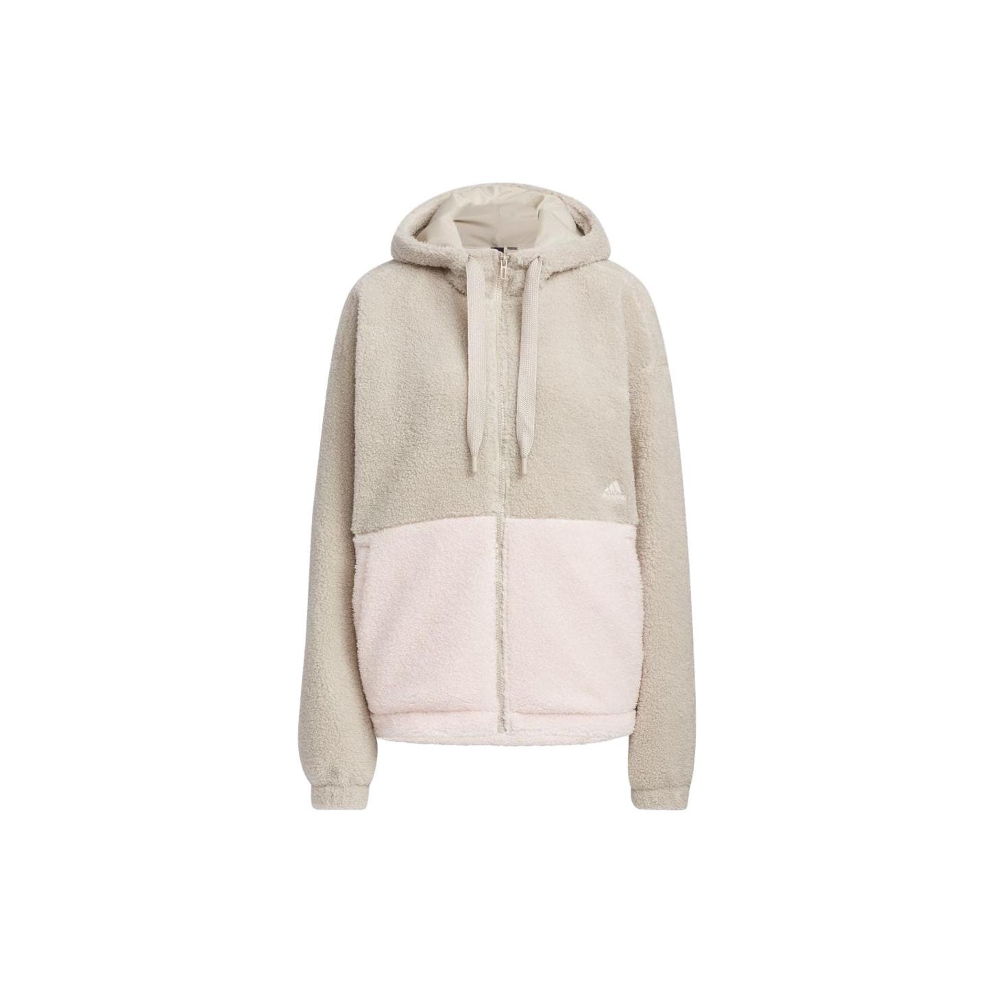 Adidas Color Block Loose Fit Zip Up Hooded Drawstring Fleece Jacket Women Beige IK9863 S